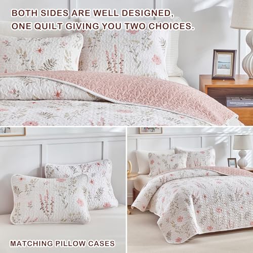 Joyreap 2 Pieces Cotton Quilt Set for Girls, Twin Size Pink Floral Design, Cozy Lightweight Quilt Bedspread Bed Cover for All Season, 1 Quilt and 1 Pillow Sham- 68x86 inches - Image 4