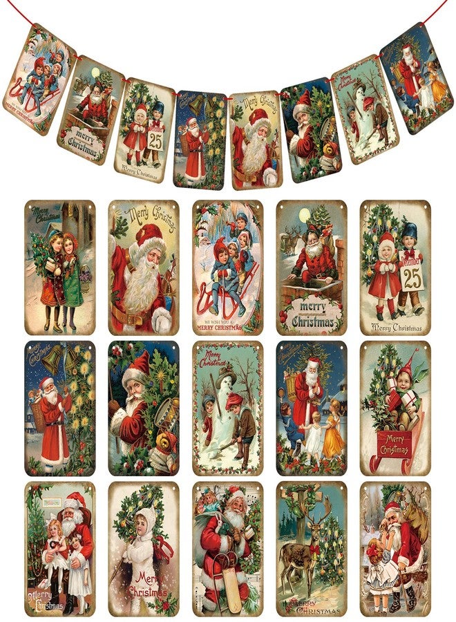 Oudain 15 Pcs Christmas Vintage Style Hanging Banner Victorian Christmas Ornaments Garland Decorations with Red Ribbon Traditional Xmas Santa Bunting Decor for Home Office Party Fireplace Mantle - Image 1