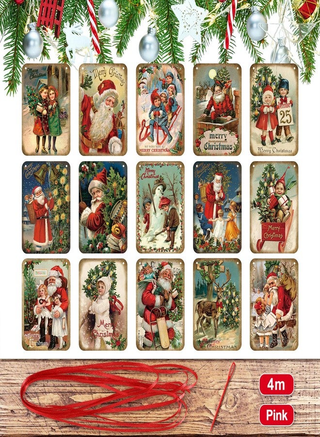 Oudain 15 Pcs Christmas Vintage Style Hanging Banner Victorian Christmas Ornaments Garland Decorations with Red Ribbon Traditional Xmas Santa Bunting Decor for Home Office Party Fireplace Mantle - Image 3