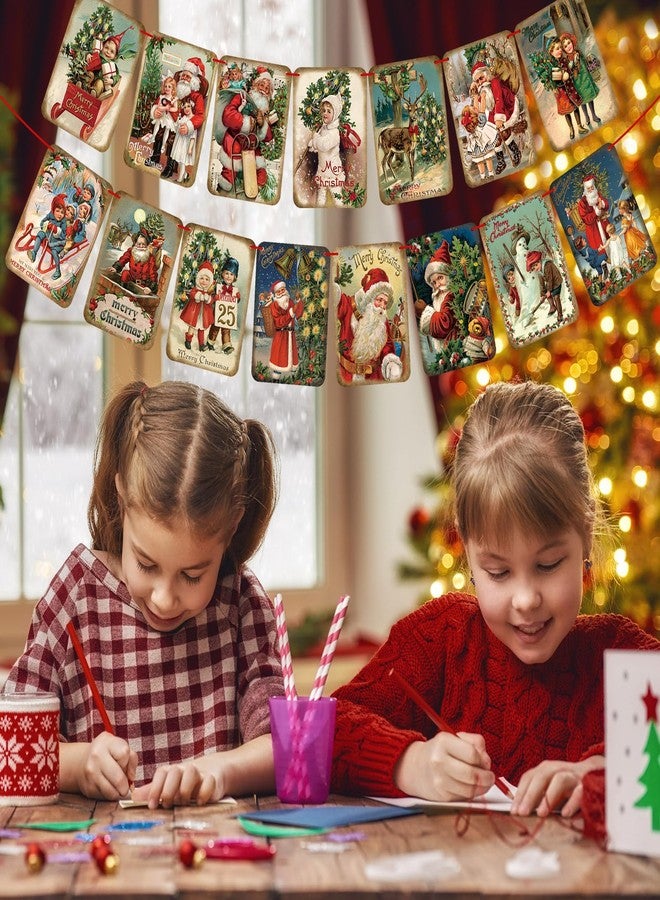 Oudain 15 Pcs Christmas Vintage Style Hanging Banner Victorian Christmas Ornaments Garland Decorations with Red Ribbon Traditional Xmas Santa Bunting Decor for Home Office Party Fireplace Mantle - Image 4