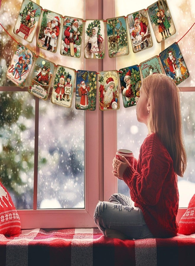 Oudain 15 Pcs Christmas Vintage Style Hanging Banner Victorian Christmas Ornaments Garland Decorations with Red Ribbon Traditional Xmas Santa Bunting Decor for Home Office Party Fireplace Mantle - Image 5