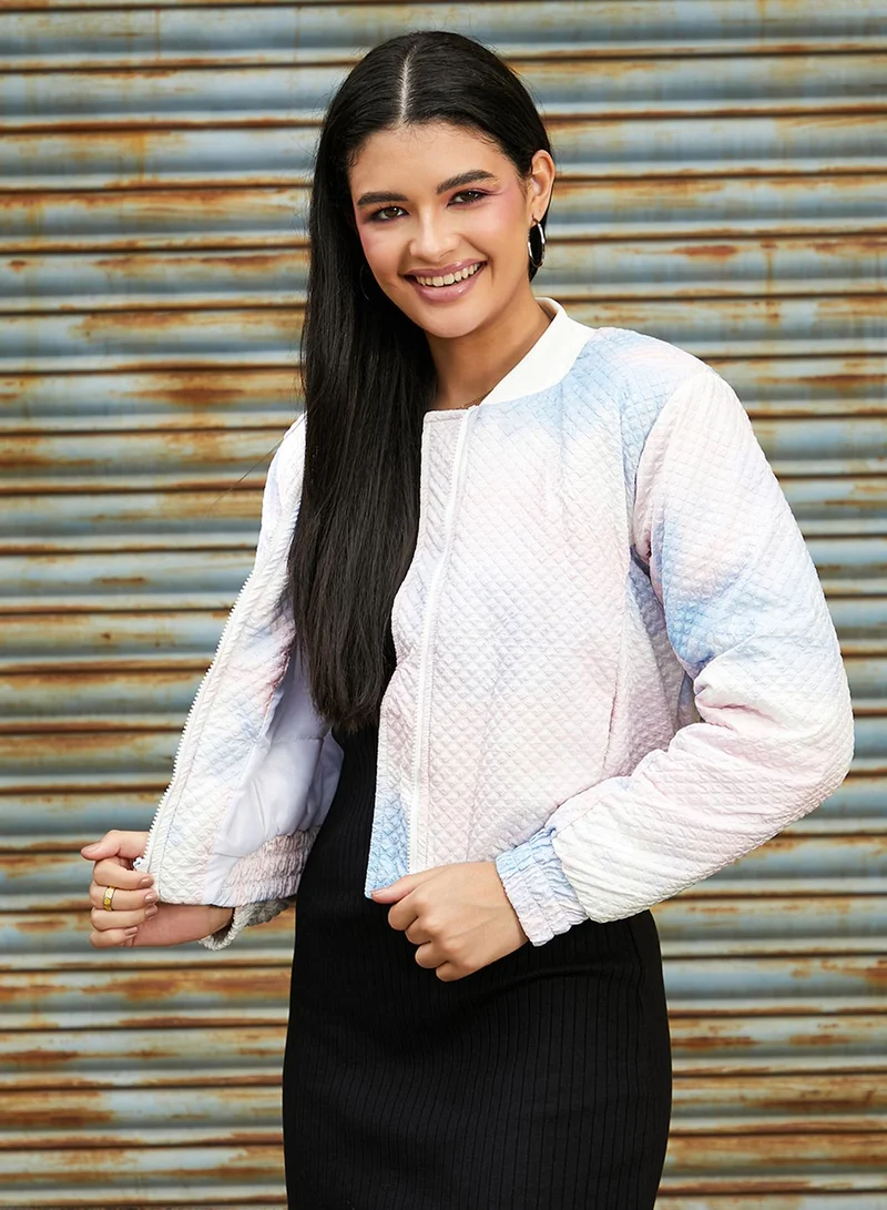 Campus Sutra Women's Powder Blue & Blush Pink Tie-Dye Micro Diamond Quilted Puffer Jacket