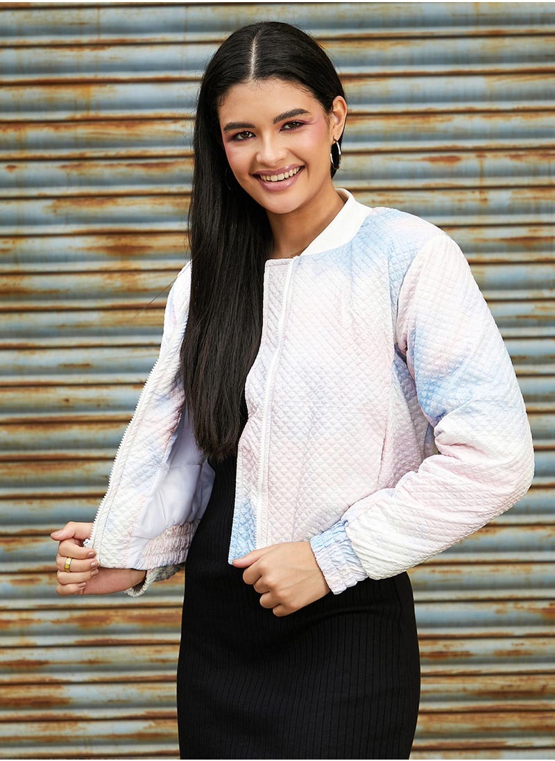 Campus Sutra Women's Powder Blue & Blush Pink Tie-Dye Micro Diamond Quilted Puffer Jacket  - Image 3