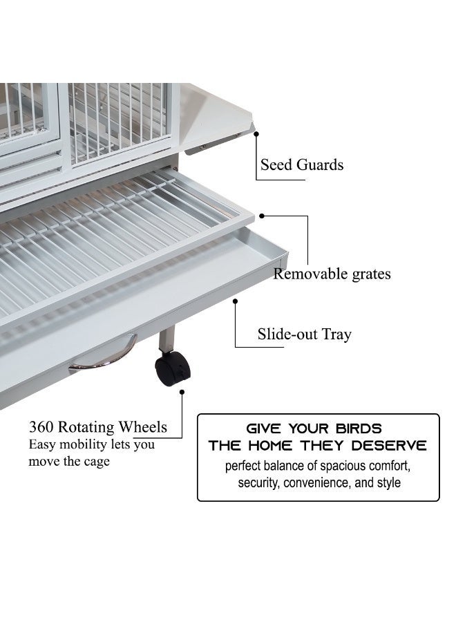 أن ان سي بيتس قفص طيور معدني مع حامل متحرك، متين، 163 سم تصميم واسع للببغاوات والكوكاتو والمكاو، يتضمن مجاثم وأوعية طعام ورف تخزين، قفص ببغاء مفتوح من الأعلى وصينية وعجلات (أبيض) - Image 4