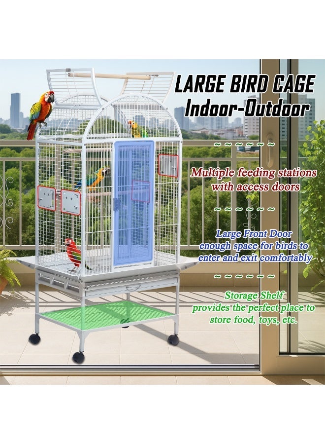 أن ان سي بيتس قفص طيور معدني مع حامل متحرك، متين، 163 سم تصميم واسع للببغاوات والكوكاتو والمكاو، يتضمن مجاثم وأوعية طعام ورف تخزين، قفص ببغاء مفتوح من الأعلى وصينية وعجلات (أبيض) - Image 1