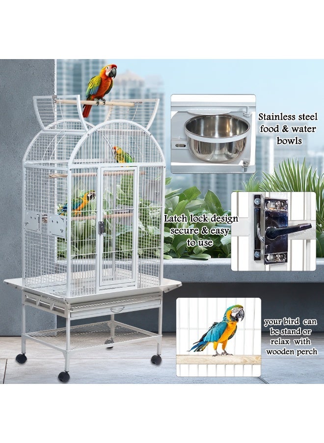 أن ان سي بيتس قفص طيور معدني مع حامل متحرك، متين، 163 سم تصميم واسع للببغاوات والكوكاتو والمكاو، يتضمن مجاثم وأوعية طعام ورف تخزين، قفص ببغاء مفتوح من الأعلى وصينية وعجلات (أبيض) - Image 5