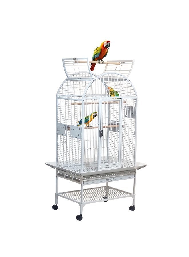 أن ان سي بيتس قفص طيور معدني مع حامل متحرك، متين، 163 سم تصميم واسع للببغاوات والكوكاتو والمكاو، يتضمن مجاثم وأوعية طعام ورف تخزين، قفص ببغاء مفتوح من الأعلى وصينية وعجلات (أبيض) - Image 3
