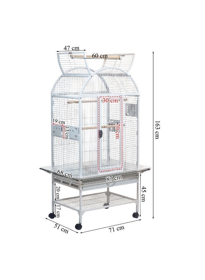 أن ان سي بيتس قفص طيور معدني مع حامل متحرك، متين، 163 سم تصميم واسع للببغاوات والكوكاتو والمكاو، يتضمن مجاثم وأوعية طعام ورف تخزين، قفص ببغاء مفتوح من الأعلى وصينية وعجلات (أبيض) - Image 2