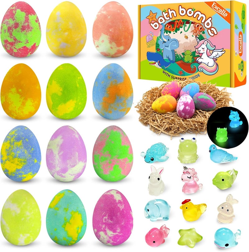 Excalla Easter Bath Bombs for Kids with Toys Inside  Perfect Basket Stuffers 12Pcs Kids Bath Bombs with GlowinTheDark Surprise Inside Handmade Bubble Bath Fizz Balls Gentle and Kids Safe for Girls Boys
