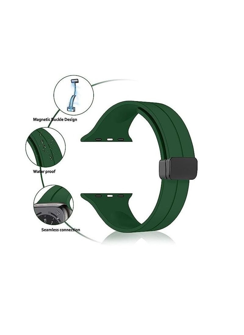 Generic - For Apple Watch 45mm 8 Series D-Shape Magnetic Clasp Silicone Replacement Sport Wristband Band - Green - Image 1