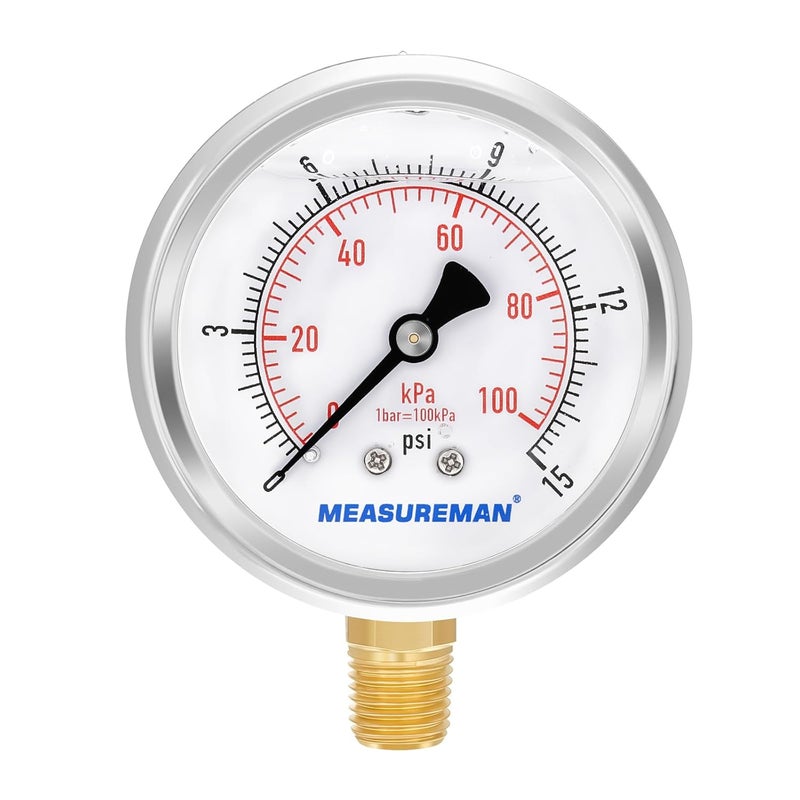 MEASUREMAN مقياس ضغط مملوء بالجليسرين من ميزورمان، حجم القرص 2-1/2 بوصة، نطاق 0-15 رطل لكل بوصة مربعة/100 كيلو باسكال، غلاف من الفولاذ المقاوم للصدأ 304، تركيب سفلي 1/4 إنش إن بي تي - Image 1