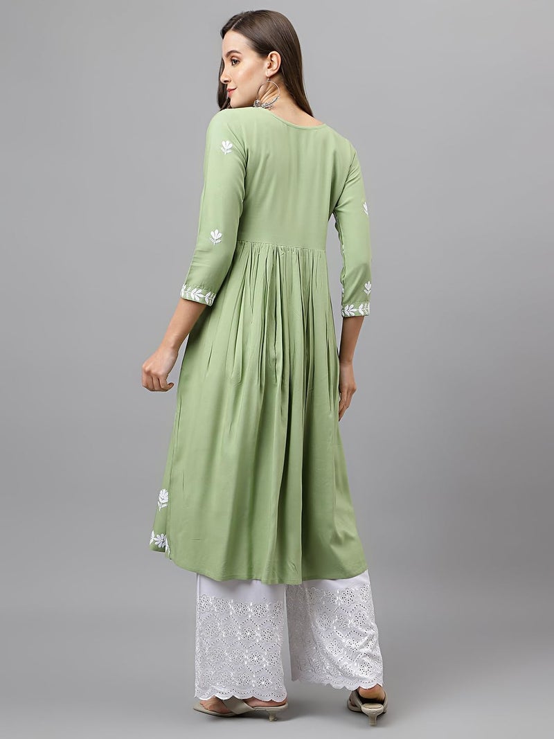 RATAN Women's Rayon Anarkali Lucknowi Chikankari Ethnic Wear Kurta (Rumi-Pista-M_Pista Green) - Image 4
