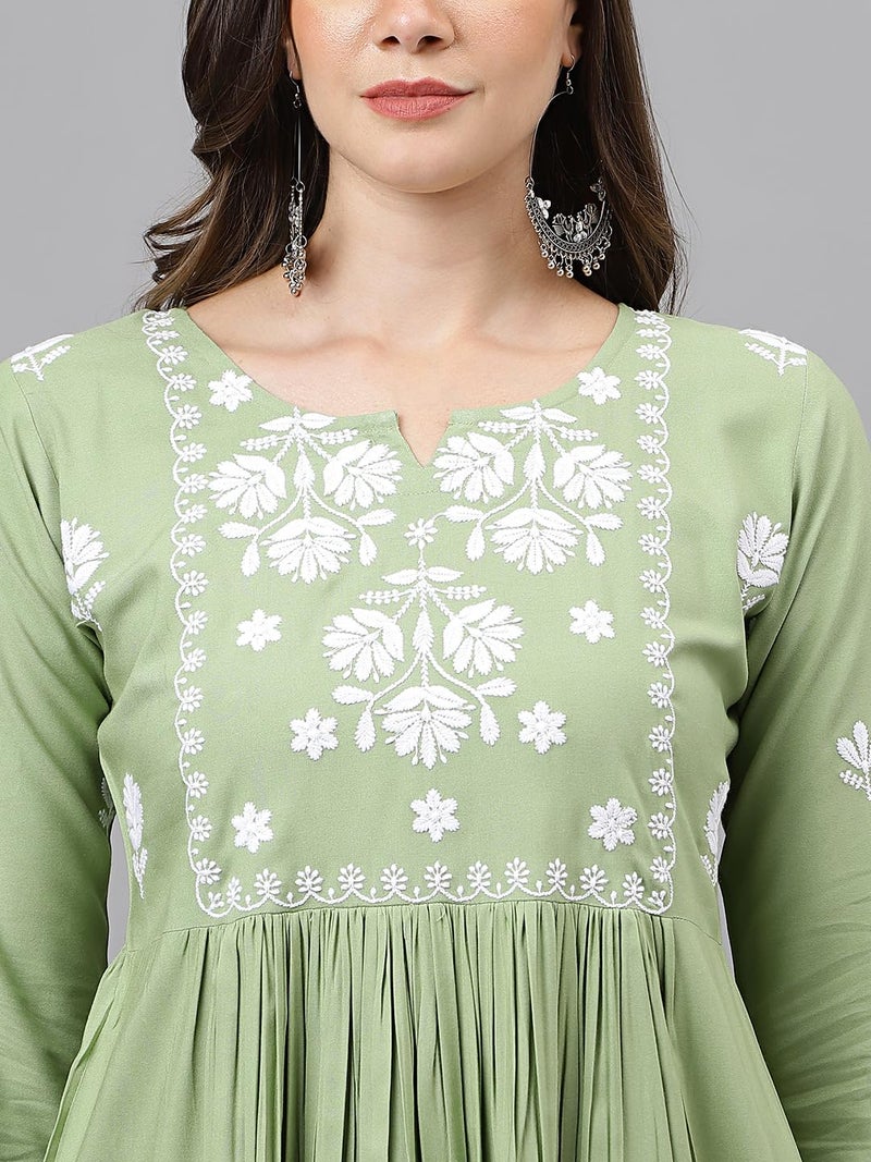 RATAN Women's Rayon Anarkali Lucknowi Chikankari Ethnic Wear Kurta (Rumi-Pista-M_Pista Green) - Image 5