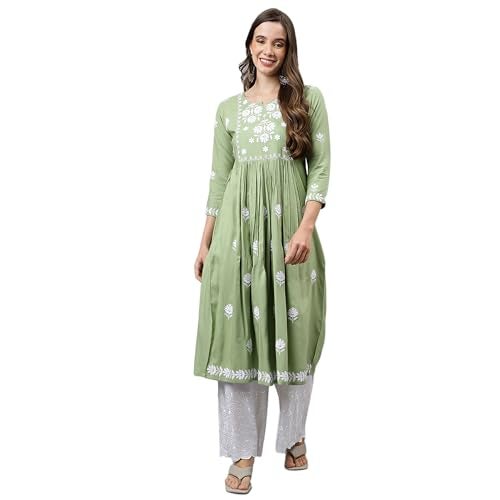 RATAN Women's Rayon Anarkali Lucknowi Chikankari Ethnic Wear Kurta (Rumi-Pista-M_Pista Green) - Image 1