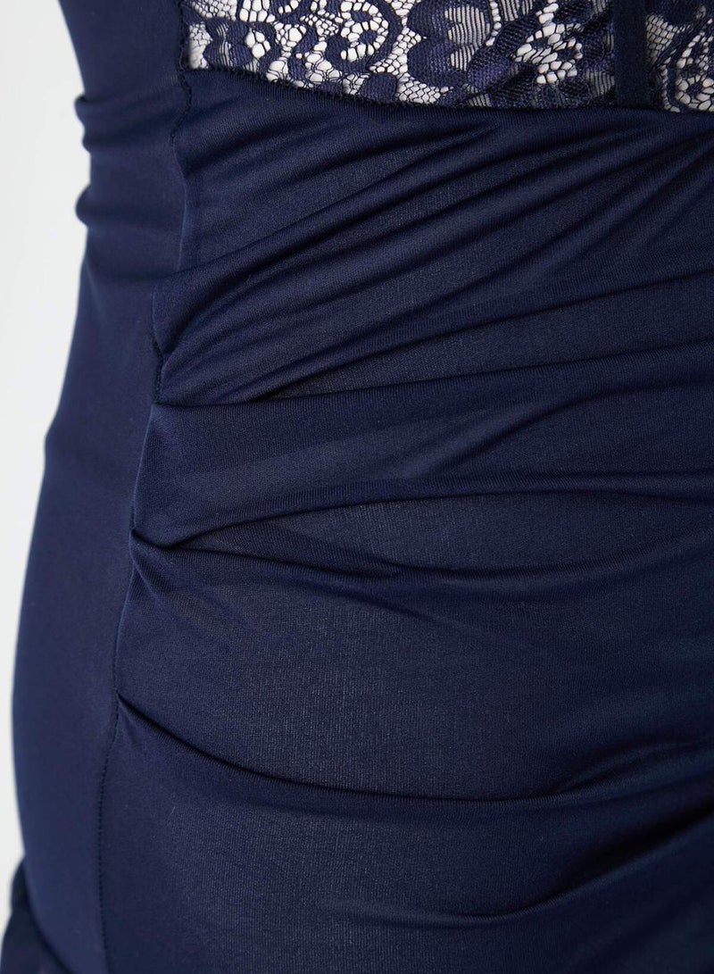 trendyol Navy Ruched Spaghetti-Strap Babydoll/Fantasy Nightgown with Panties - Image 5