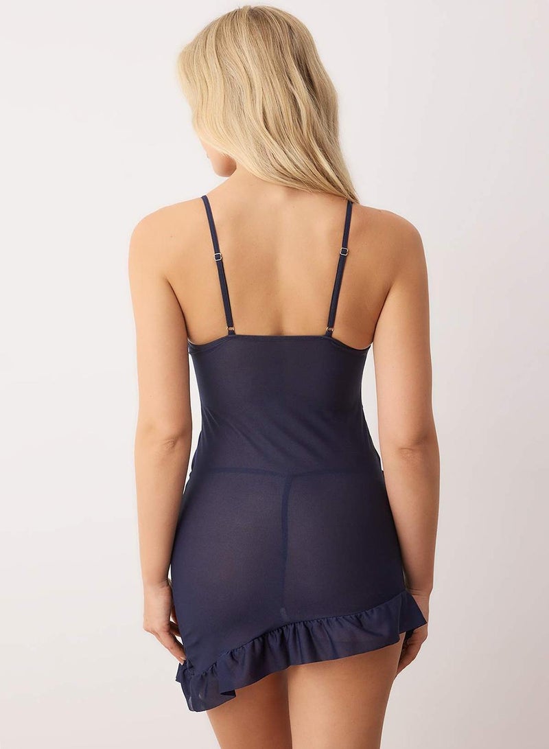trendyol Navy Ruched Spaghetti-Strap Babydoll/Fantasy Nightgown with Panties - Image 4