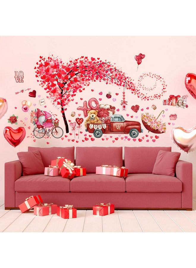 KRTBKR 2 Sheets Valentine's Day Wall Decals Heart Tree Red Truck Valentines Day Wall Stickers Romantic Love Heart Wall Decor Home Bedroom Decor for Couple Living Room Kitchen Window Wedding Anniversary Art - Image 1