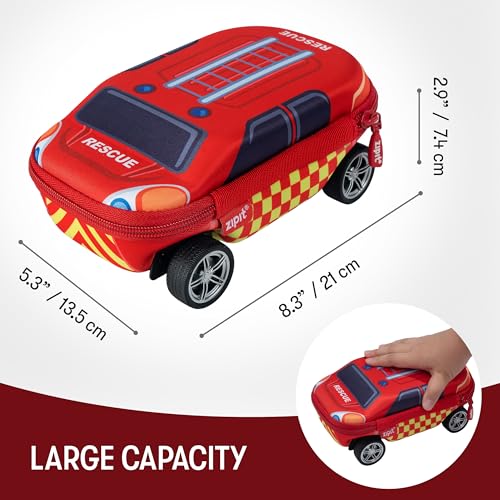 ZIPIT Fire Truck Pencil Case for Boys, Large Capacity Pencil Box for School with Spinning Wheels, Red - Image 2