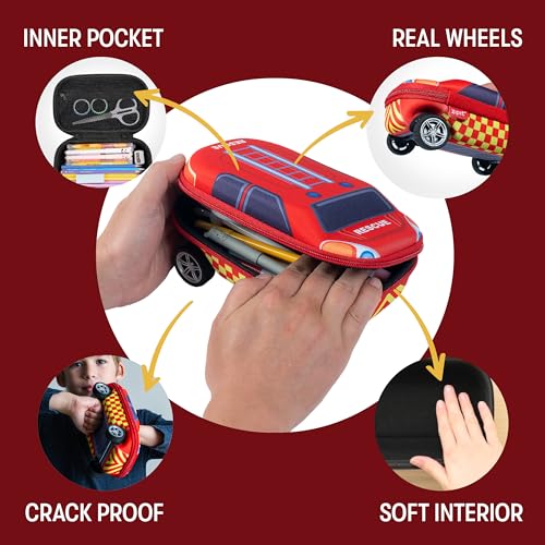 ZIPIT Fire Truck Pencil Case for Boys, Large Capacity Pencil Box for School with Spinning Wheels, Red - Image 3