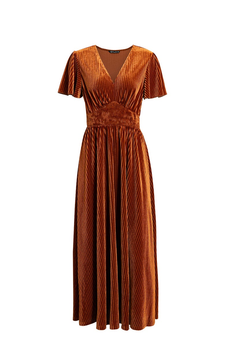 Simplee Apparel Simplee Women’s Short Sleeve Velvet Maxi Dress V Neck Formal Dress(M Earthy Orange) - Image 4