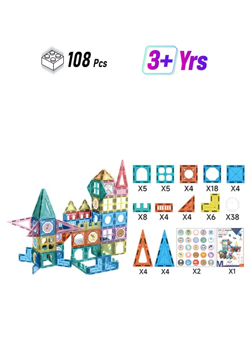 Beauenty Durable Magnetic Building Blocks, 108pcs Magnetic Building Tiles, Smooth and Burr-Free, Ideal for Interactive Learning Toys for Toddlers - Image 1