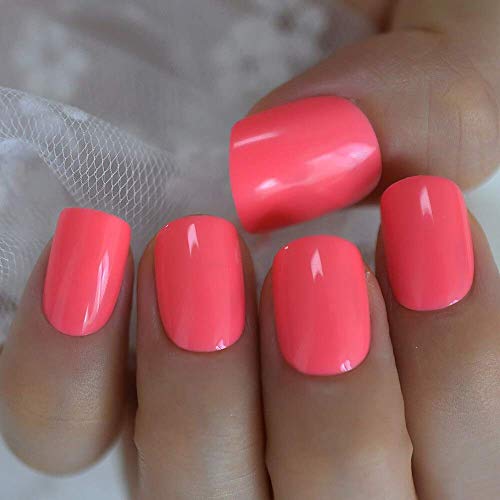 EchiQ Neon Short Nails Summer Color Fake Nails Deep Pink Ladies Bright Color Designed ABS Material Fingernails with Adhesive Tabs - Image 2