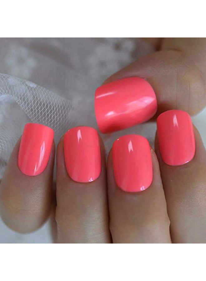 EchiQ Neon Short Nails Summer Color Fake Nails Deep Pink Ladies Bright Color Designed ABS Material Fingernails with Adhesive Tabs - Image 1