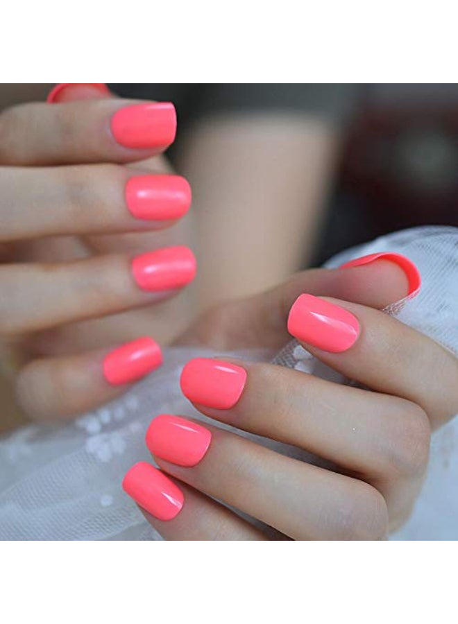 EchiQ Neon Short Nails Summer Color Fake Nails Deep Pink Ladies Bright Color Designed ABS Material Fingernails with Adhesive Tabs - Image 4