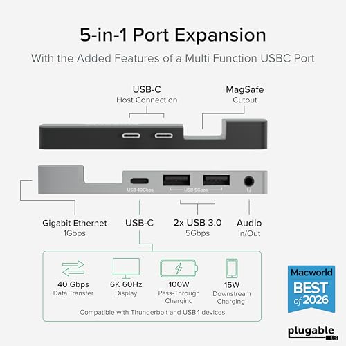 Plugable 5in1 USB C Hub for MacBook Pro Air M1M2M3M4M5 Thunderbolt 4 Compatible MagSafe Ready 40Gbps Data Gigabit Ethernet 2X USB 30 Slim Portable Adapter with PassThrough Charging - Image 3