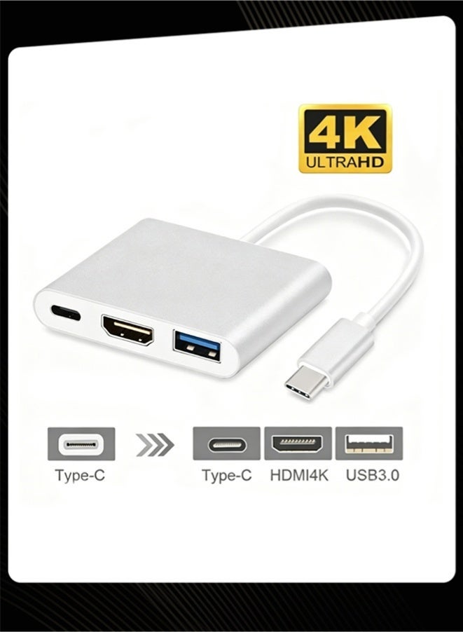 3 في 1 محول محور USB نوع C ، نوع C إلى HDMI 4K + USB 3.0 Port + PD شحن سريع متعدد الموانئ Dongle Convert - Image 1