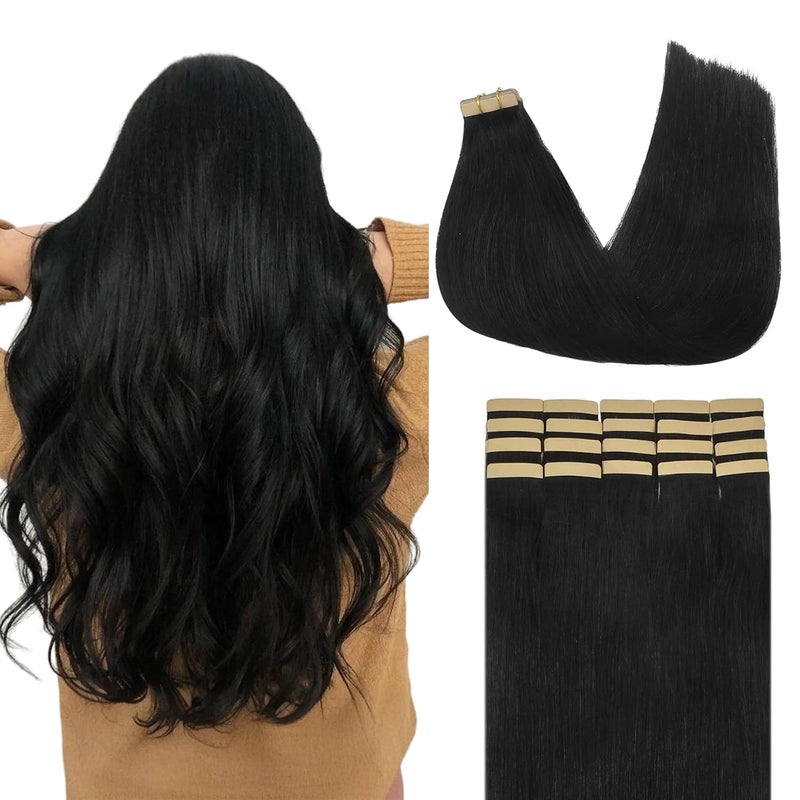 إضافات شعر لاشي 20 قطعة 50 جرام شريط مستقيم في إضافات شعر بشري أسود داكن 20 بوصة إضافات شعر بشري طبيعية ريمي للنساء السود