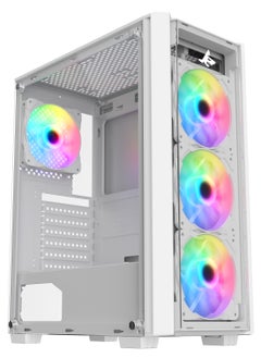صندوق الكمبيوتر شاربكس STRIKER ARGB ATX مع لوحة شبكية أمامية (S-200W) مع 4 مراوح 120 مم ARGB مثبتة مسبقًا، جهاز تحكم عن بُعد، لوحة جانبية من الزجاج، ومنافذ: نوع C1 / USB3.0 *1 / USB2.0 2 / أزرار: الطاقة / إعادة التعيين / LED، (أبيض).  - Image 1
