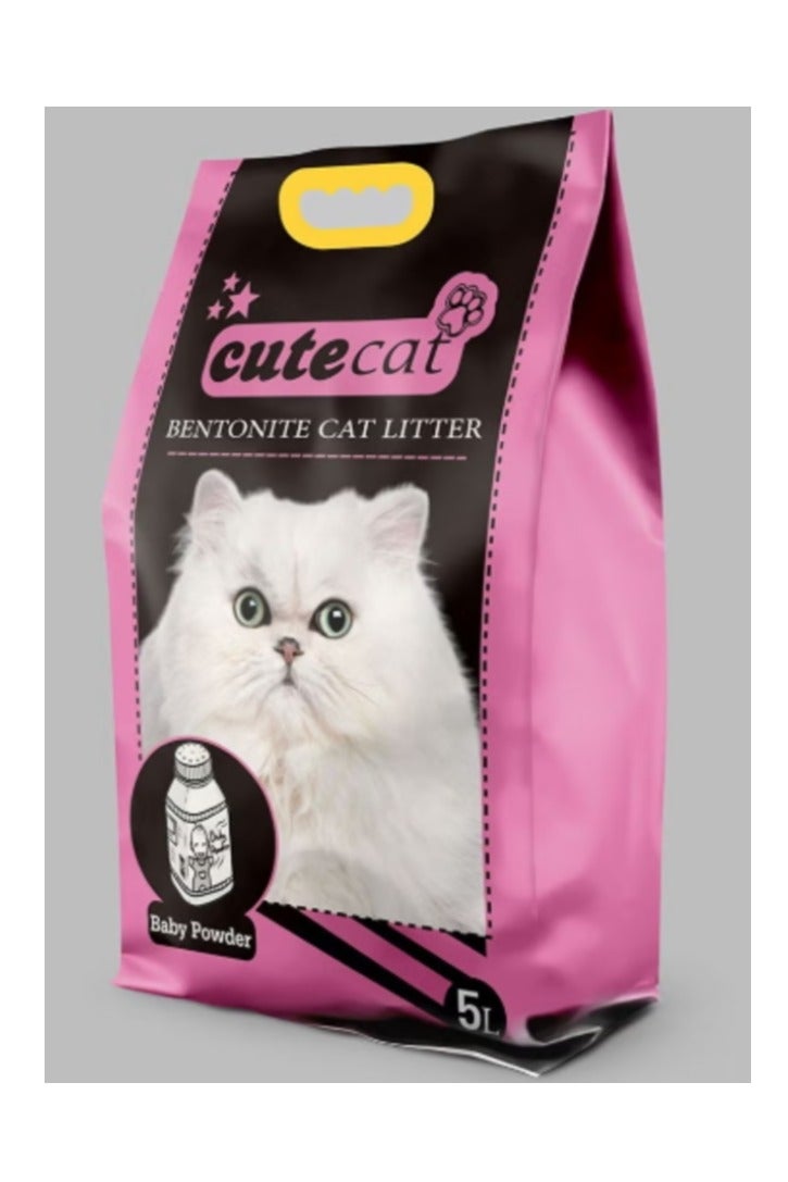 CUTE CAT Natural cat litter made from highly absorbent bentonite clay with a soothing and refreshing baby powder scent.