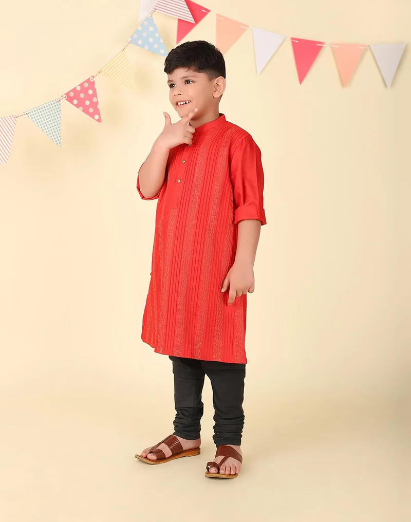 Fabindia Red Viscose Blend Woven Long Kurta