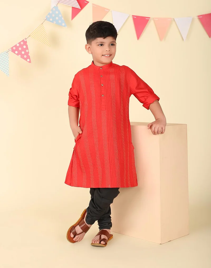 Fabindia Red Viscose Blend Woven Long Kurta