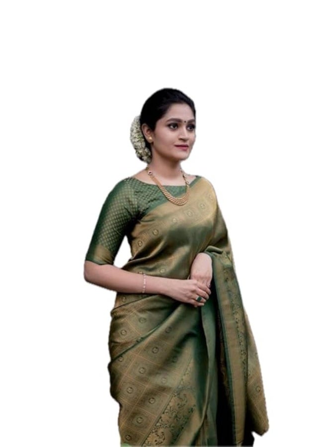 YASHIKA ساري حريري باناراسي أخضر للسيدات من Yashika مع قطعة بلوزة للملابس العرقية التقليدية saree-aaj-is-ao2-vaishnavi أخضر - Image 1