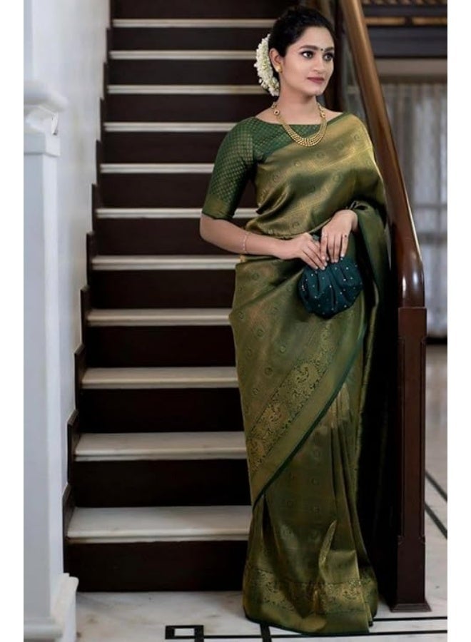 YASHIKA ساري حريري باناراسي أخضر للسيدات من Yashika مع قطعة بلوزة للملابس العرقية التقليدية saree-aaj-is-ao2-vaishnavi أخضر - Image 2
