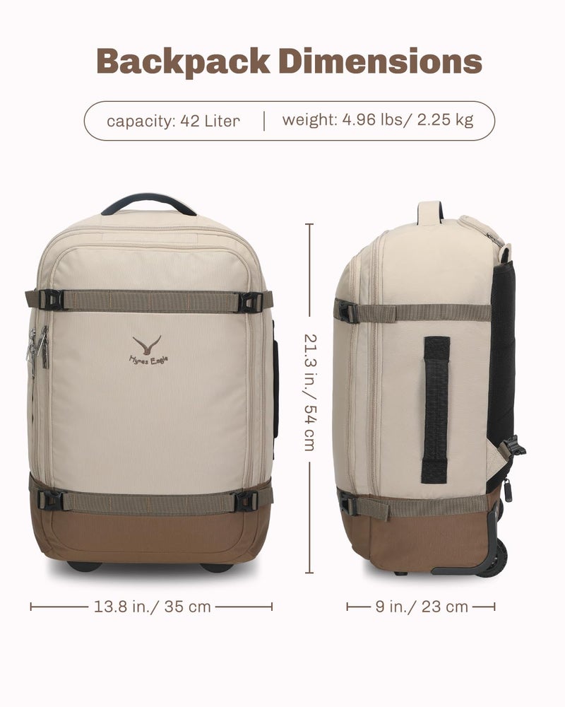 Hynes Eagle Rolling Backpack 42L Backpack with Wheels Airline Approved Carry on Luggage Laptop Travel Suitcase Bag for Women Men Khaki - Image 3