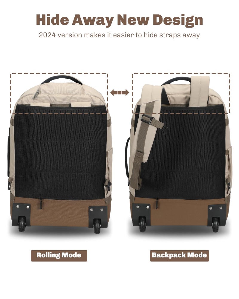 Hynes Eagle Rolling Backpack 42L Backpack with Wheels Airline Approved Carry on Luggage Laptop Travel Suitcase Bag for Women Men Khaki - Image 2