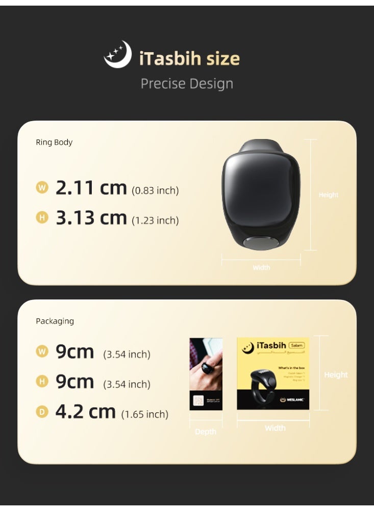 WESLAMIC iTasbih Zikr Smart Ring, OLED Display Adjustable Counter Prayer Reminders 2 Replace Sizes（20/22mm), Magnet Charging APP Support Waterproof Bluetooth for Muslims (Black) - Image 4