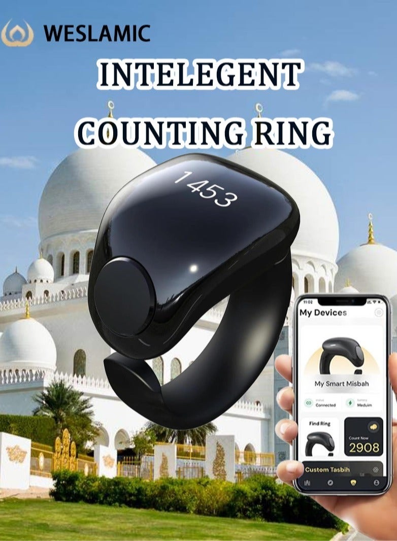 WESLAMIC iTasbih Zikr Smart Ring, OLED Display Adjustable Counter Prayer Reminders 2 Replace Sizes（20/22mm), Magnet Charging APP Support Waterproof Bluetooth for Muslims (Black) - Image 1