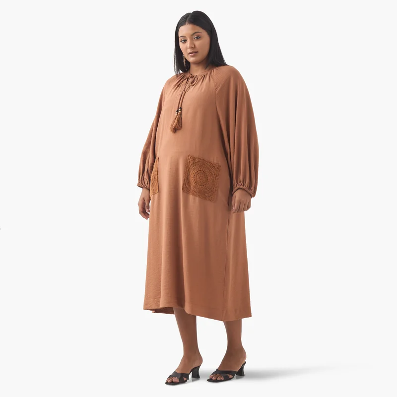 أولا بوبكن Plus Size Ulla Popken Crochet Pocket Dress with Tie-Up Neck