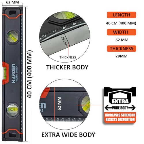 Harden 400mm Spirit Level with Magnetic Base, Heavy Duty Aluminium Frame Body, Rubber Handle - 580534-N - Image 2
