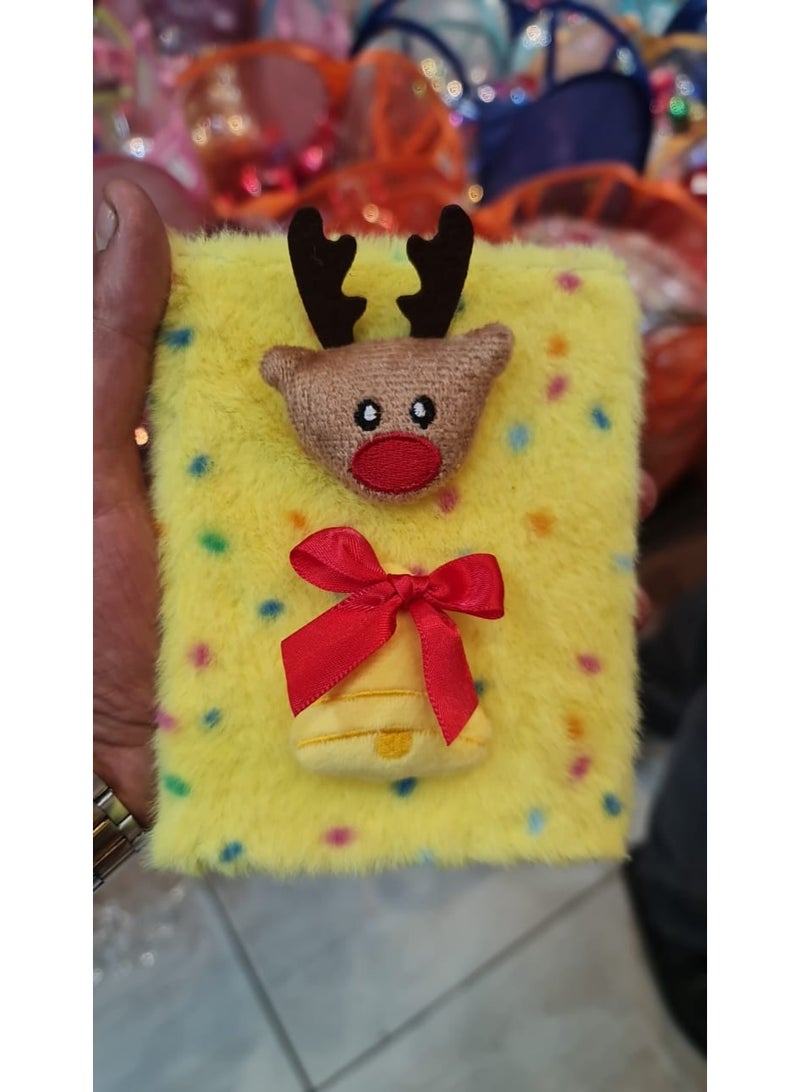 Fuzzy Yellow Reindeer and Bell Notebook / Diary – Plush Christmas Themed Journal – Luxury Writing Pad for Kids and Teens