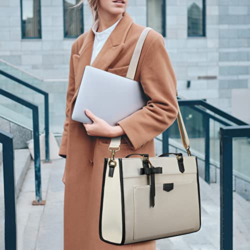 Keyli حقيبة كمبيوتر محمول كيلي توت قماش للنساء 15.6 بوصة حقائب عمل عصرية كبيرة السعة حقائب يد احترافية لمكتب الكمبيوتر حقائب سفر، مكتب، مدرسة بيضاء - Image 2