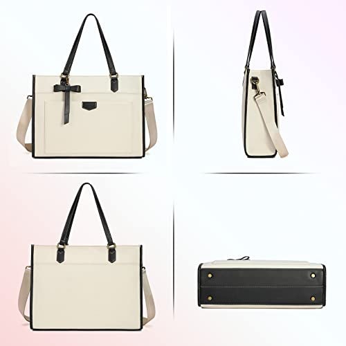 Keyli حقيبة كمبيوتر محمول كيلي توت قماش للنساء 15.6 بوصة حقائب عمل عصرية كبيرة السعة حقائب يد احترافية لمكتب الكمبيوتر حقائب سفر، مكتب، مدرسة بيضاء - Image 5