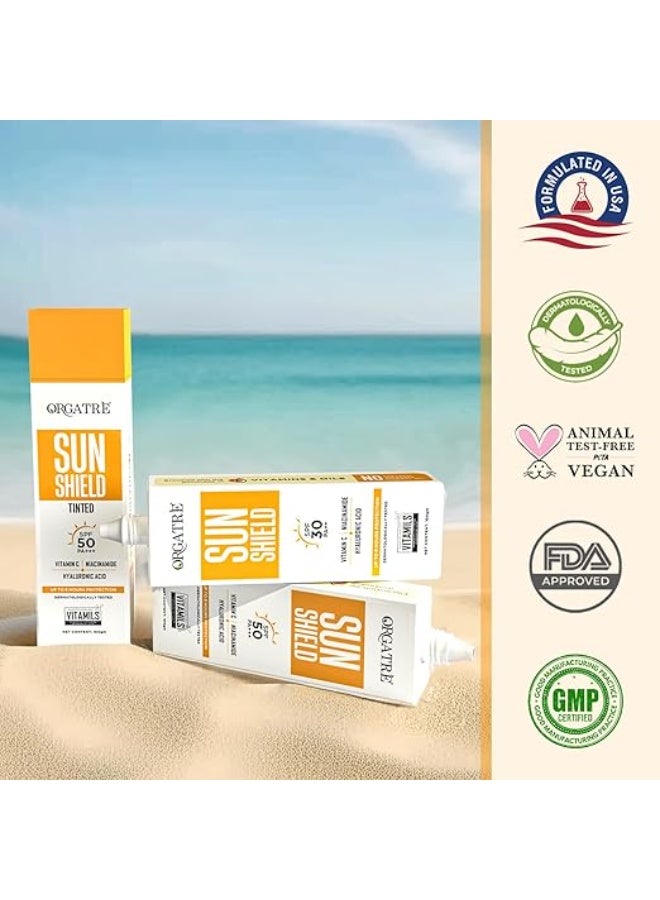 Orgatre Sun Shield Vitamin C Bright Face Sunscreen SPF 50 PA++++ for Oily & Dry Skin | Lightweight, No White Cast | With Niacinamide & Hyaluronic Acid | UVA/UVB Defense | Water Resistant, Non-Greasy | 100gm - Image 3