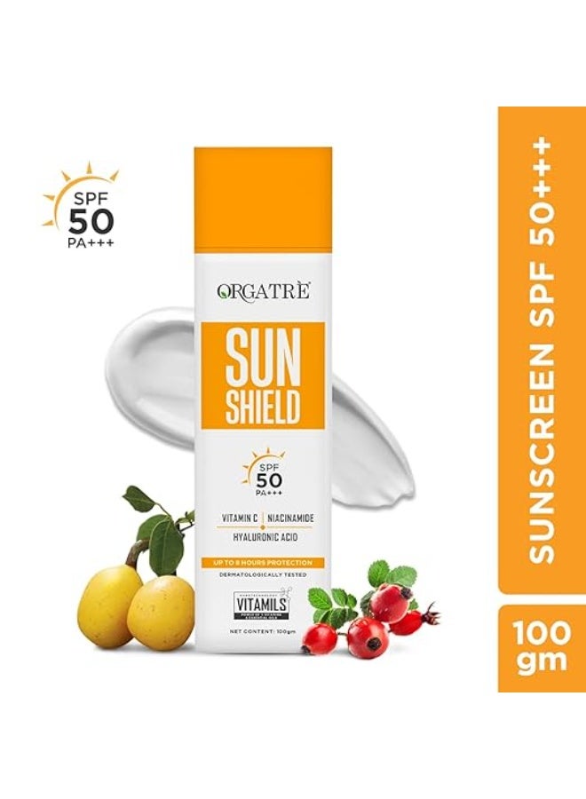 Orgatre Sun Shield Vitamin C Bright Face Sunscreen SPF 50 PA++++ for Oily & Dry Skin | Lightweight, No White Cast | With Niacinamide & Hyaluronic Acid | UVA/UVB Defense | Water Resistant, Non-Greasy | 100gm - Image 4