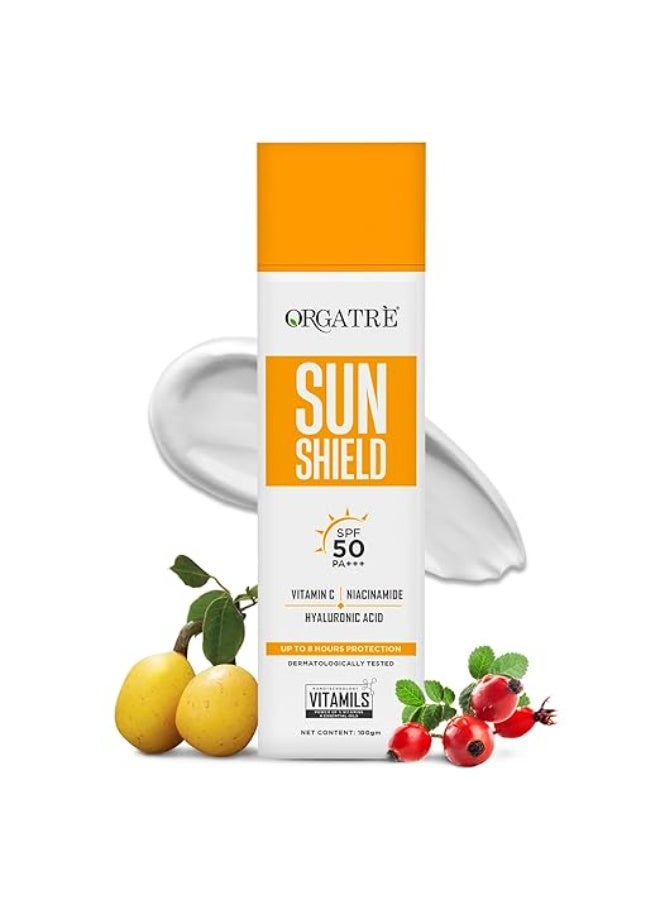 Orgatre Sun Shield Vitamin C Bright Face Sunscreen SPF 50 PA++++ for Oily & Dry Skin | Lightweight, No White Cast | With Niacinamide & Hyaluronic Acid | UVA/UVB Defense | Water Resistant, Non-Greasy | 100gm - Image 1