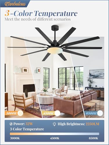 Fanbulous 72 inch Large Ceiling Fans with Lights and Remote, Outdoor Black Ceiling Fan with 10 Blades, 32W LED light 3 CCT, 6 Speed Reversible Quiet DC Motor, Modern Ceiling Fan for Living Room Patio - Image 4